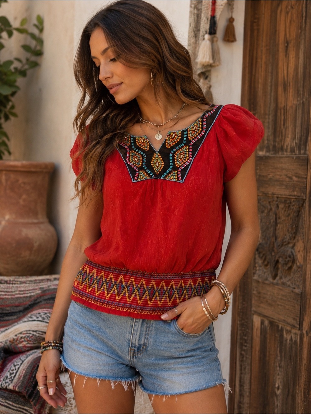 Karlie Size Small Red Beaded Embroidered Boho Puff Sleeve Top Boho Cottagecore